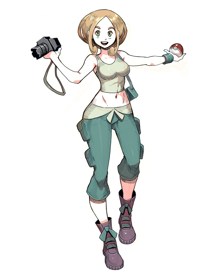 1girl, bare_arms, bare_shoulders, blonde_hair, breasts, camera, capri_pants, collarbone