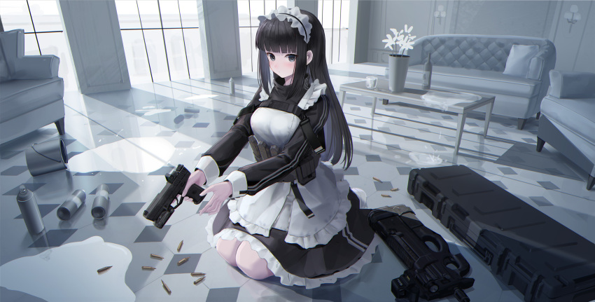 1girl, absurdres, apron, black_dress, black_hair, bottle, bucket, bucket_spill