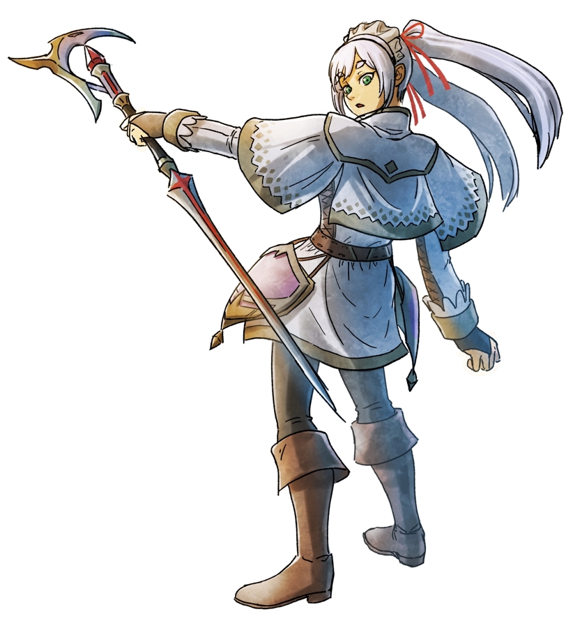 1girl, adapted_costume, arm_at_side, belt, black_pants, boots, bridal_gauntlets, brown_footwear, commentary_request, cosplay, cosplay_request, dress, floating_hair, frieren, from_behind, full_body, green_eyes, grey_hair, holding, holding_staff, ini4illust, knee_boots, long_sleeves, looking_back, maid_headdress, monster_hunter_(series), monster_hunter_rise, outstretched_arm, pants, parted_lips, shield, short_dress, simple_background, solo, sousou_no_frieren, staff, twintails, white_background, white_dress