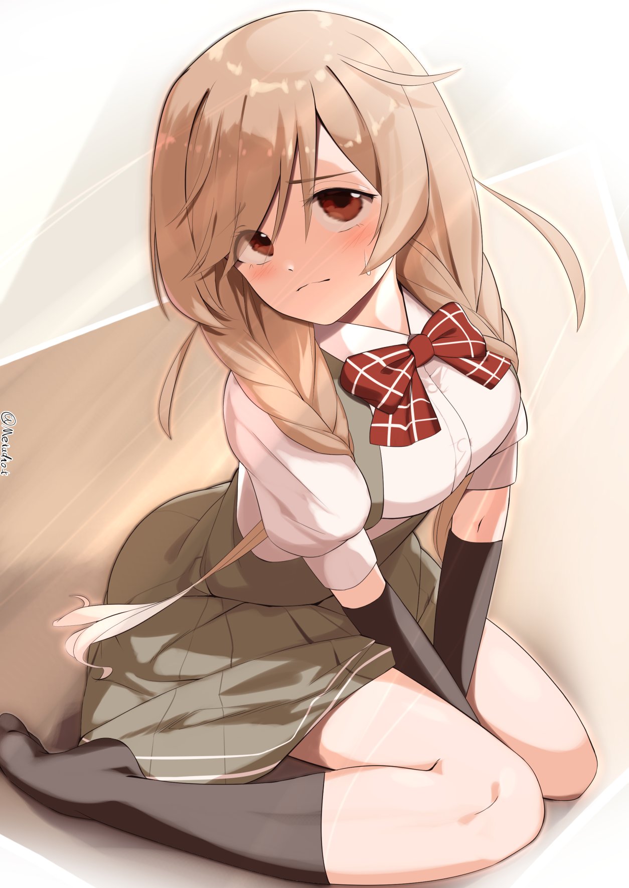 1girl, arm_warmers, blush, bow, bowtie, braid, breasts, brown_eyes