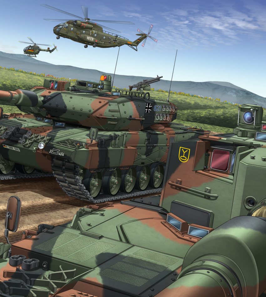 2others, absurdres, aircraft, ambiguous_gender, blue_sky, bundeswehr, caterpillar_tracks, ch-53