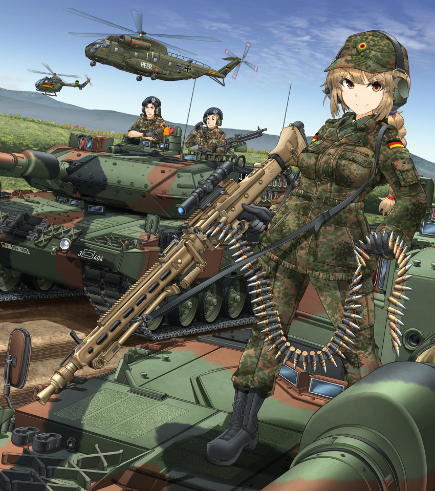 1girl, 2boys, =_=, absurdres, aircraft, ammunition_belt, beret, black_footwear