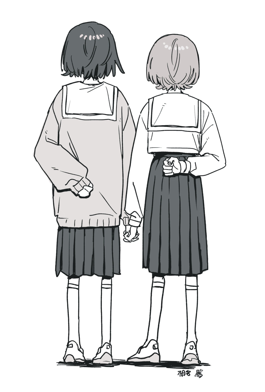 2girls, absurdres, arms_behind_back, atsu_exist, from_behind, full_body, highres, holding_hands