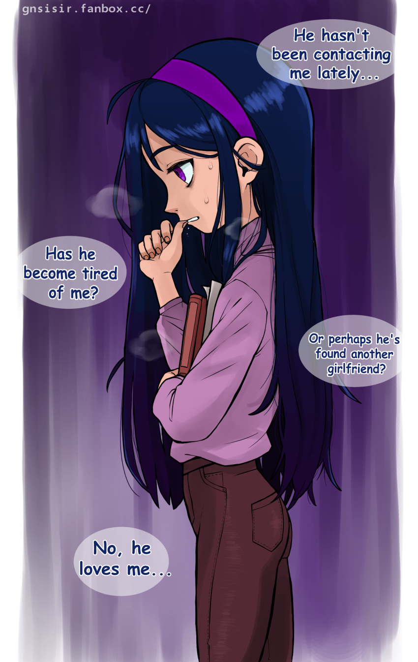 absurdres, biting, black_hair, book, english_text, gnsisir, hairband, highres, holding, holding_book, nail_biting, pants, purple_hairband, purple_pants, purple_sweater, sweat, sweater, the_incredibles, thought_bubble, turtleneck, turtleneck_sweater, violet_eyes, violet_parr