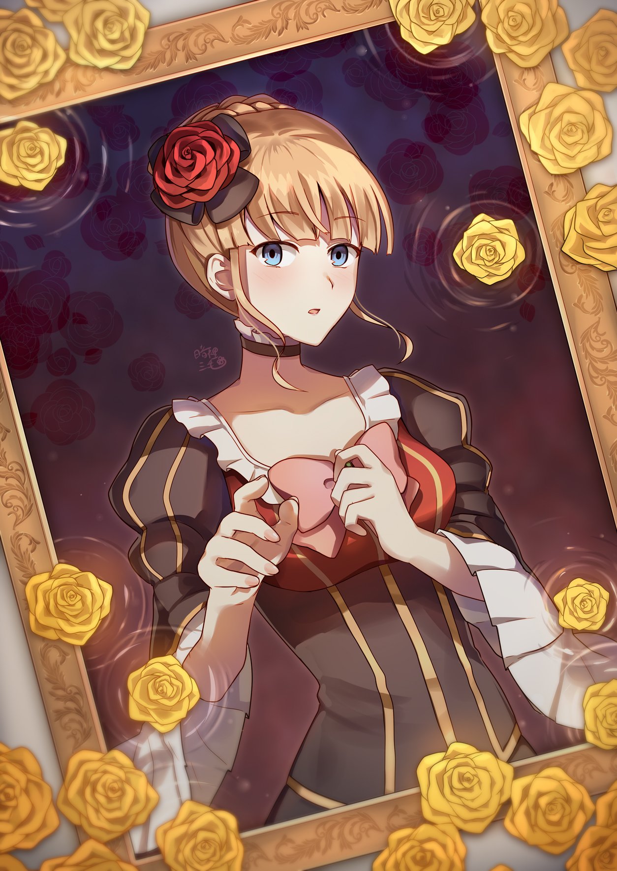 1girl, anri_mike, beatrice_(umineko), black_dress, blonde_hair, blue_eyes, bow, bowtie, dress, flower, hair_flower, hair_ornament, highres, looking_at_viewer, open_mouth, picture_frame, pink_bow, pink_bowtie, red_flower, solo, umineko_no_naku_koro_ni, yellow_flower