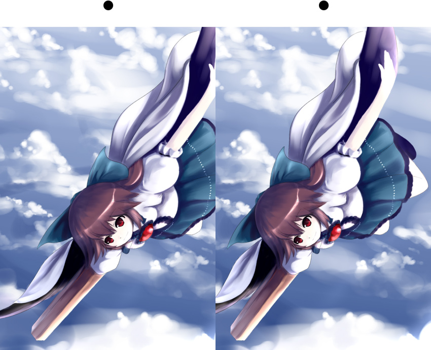 brown_hair, cape, chipika, flying, highres, outstretched_arms, red_eyes, reiuji_utsuho