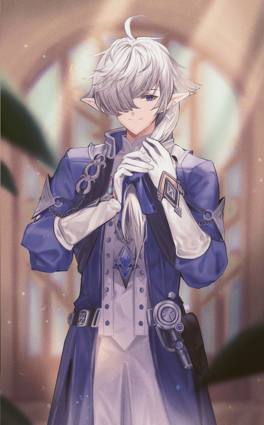 1boy, absurdres, ahoge, alphinaud_leveilleur, arch, belt, blue_coat, blue_eyes