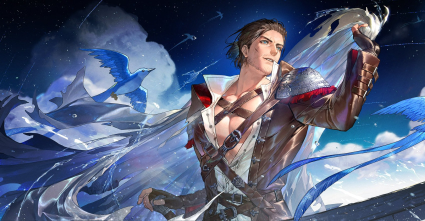1boy, adventurer_(ff14), armor, beard_stubble, belt, bird, black_gloves, blue_bird