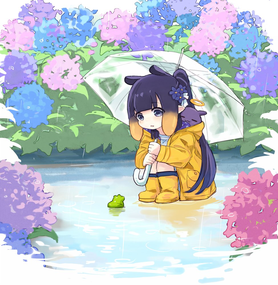 1girl, :3, :o, blue_flower, blunt_bangs, blush, boots, closed_eyes