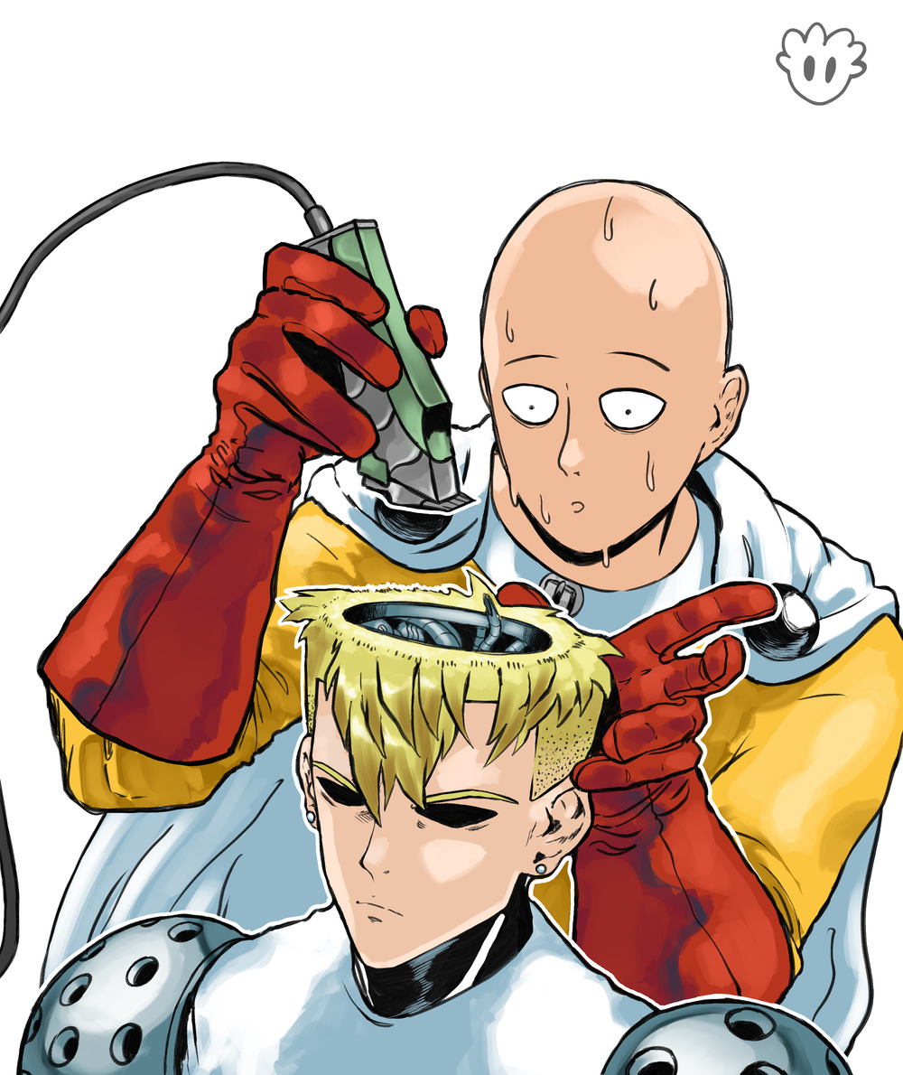 2boys, :o, bags_under_eyes, bald, blonde_hair, bodysuit, cable, cape