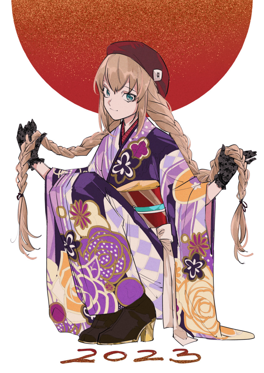 1girl, 2023, alternate_costume, beret, black_gloves, boots, braid, brown_hair, gloves, green_eyes, hair_between_eyes, hat, high_heel_boots, high_heels, highres, holding, holding_hair, japanese_clothes, kimono, lace, lace_gloves, light_brown_hair, long_hair, looking_at_viewer, moon, red_headwear, red_moon, simple_background, solo, squatting, tales_of_(series), tales_of_crestoria, twin_braids, twintails, very_long_hair, youme_xz, yuna_azetta