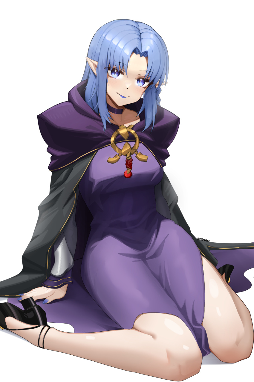 1girl, black_footwear, blue_eyes, blue_hair, blue_lips, blue_nails, braid, breasts, fate/grand_order, fate/stay_night, fate_(series), high_heels, highres, hood, hood_down, lipstick, long_hair, long_sleeves, looking_at_viewer, makeup, medea_(fate), medium_breasts, phaethonvt, pointy_ears, side_braid, simple_background, sitting, solo, wariza, white_background