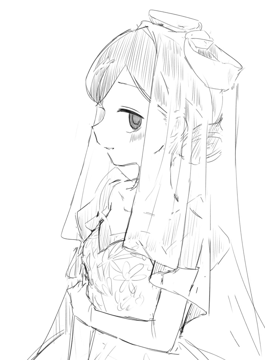 1girl, alternate_hairstyle, bags_under_eyes, blush, bridal_veil, bride, dress, floral_print