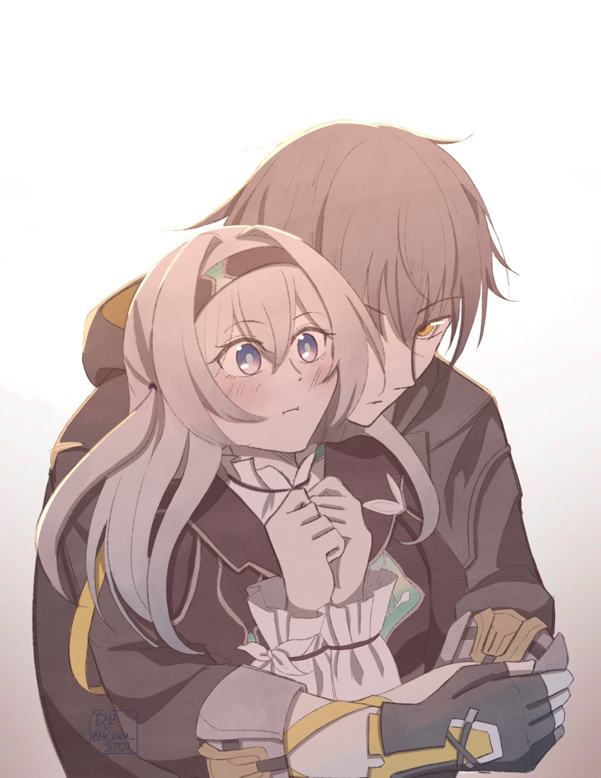 1boy, 1girl, :|, black_gloves, black_hairband, black_jacket, blue_eyes, blue_jacket, blush, caelus_(honkai:_star_rail), closed_mouth, collared_shirt, cowlick, fingerless_gloves, firefly_(honkai:_star_rail), gloves, grey_hair, grey_jacket, hair_between_eyes, hair_intakes, hairband, hetero, highres, honkai:_star_rail, honkai_(series), hood, hood_down, hooded_jacket, hug, hug_from_behind, jacket, kira_yu_(kirara_3701), long_hair, long_sleeves, looking_at_viewer, one_side_up, orange_eyes, own_hands_together, shirt, short_hair, sidelocks, simple_background, trailblazer_(honkai:_star_rail), two-sided_fabric, two-sided_jacket, upper_body, white_background, white_shirt