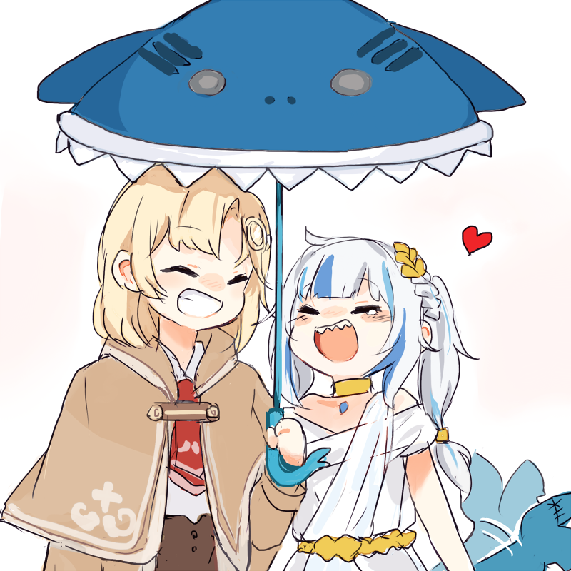 2girls, :d, ^_^, afterimage, ancient_greek_clothes, blonde_hair, blue_hair, blue_umbrella