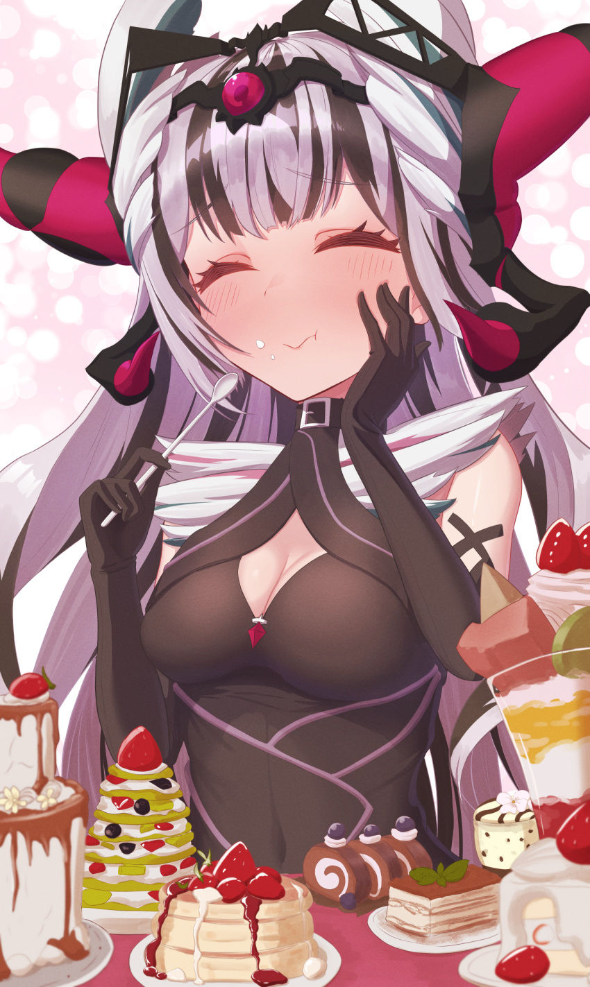 absurdres, black_hair, blueberry, candy, closed_eyes, fire_emblem, fire_emblem_engage, food, fruit, highres, holding, holding_spoon, multicolored_hair, official_alternate_costume, pancake, pancake_stack, ru_wan_chi, spoon, strawberry, sweets, two-tone_hair, veyle_(fire_emblem), white_hair
