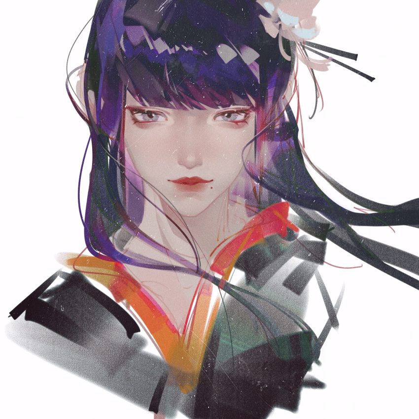 1girl, black_hair, blunt_bangs, cropped_torso, fei_yu, final_fantasy, final_fantasy_xiv, floating_hair