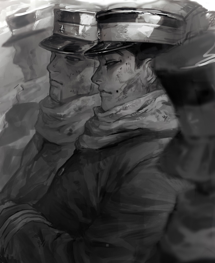 4boys, bags_under_eyes, blurry, blurry_foreground, buzz_cut, closed_mouth, dirty, dirty_clothes, dirty_face, expressionless, faceless, faceless_male, from_side, golden_kamuy, greyscale, half-closed_eyes, hat, highres, imperial_japanese_army, jacket, kepi, light_frown, lineup, long_sleeves, looking_ahead, male_focus, military_hat, mole, mole_on_cheek, monochrome, multiple_boys, ogata_hyakunosuke, osakanaman_7, profile, scarf, short_hair, soldier, upper_body, usami_tokishige, very_short_hair