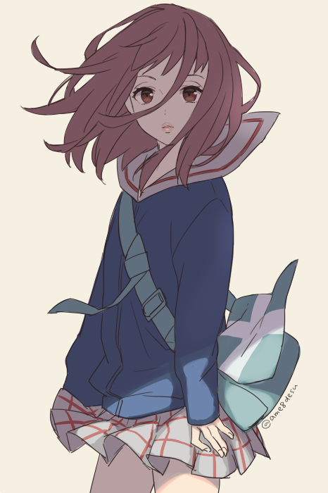 1girl, ame8desu, bag, brown_eyes, closed_mouth, flcl, lips, long_hair, long_sleeves, looking_at_viewer, plaid, plaid_skirt, redhead, sailor_collar, samejima_mamimi, school_uniform, serafuku, simple_background, skirt, solo, twitter_username, white_background, wind