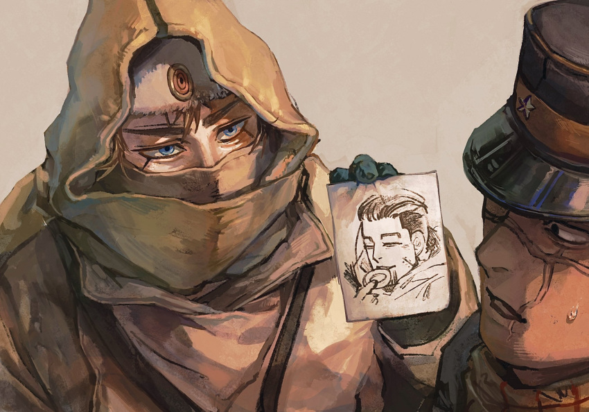 2boys, black_eyes, black_gloves, blonde_hair, blue_eyes, cloak, commentary_request, covered_mouth, drawing_(object), fur_hat, gloves, golden_kamuy, hat, highres, hood, hood_up, hooded_cloak, kepi, long_eyelashes, long_sleeves, looking_at_another, looking_at_object, male_focus, mask, military_hat, mouth_mask, multiple_boys, ogata_hyakunosuke, osakanaman_7, parted_lips, scar, scar_on_face, scarf, shoulder_strap, simple_background, sugimoto_saichi, sweatdrop, thick_eyebrows, upper_body, vasily_(golden_kamuy)