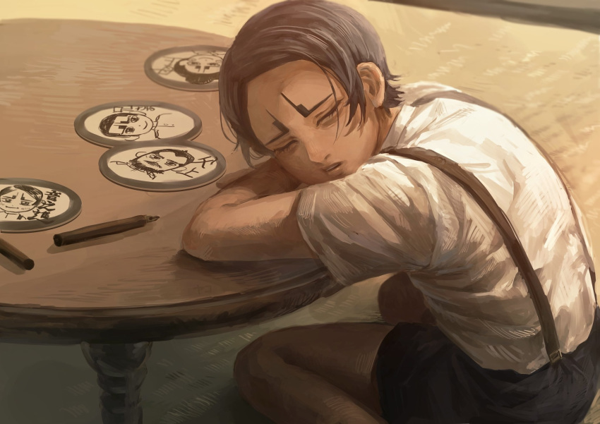 1boy, aged_down, arm_pillow, arms_on_table, black_hair, black_shorts, child, closed_eyes