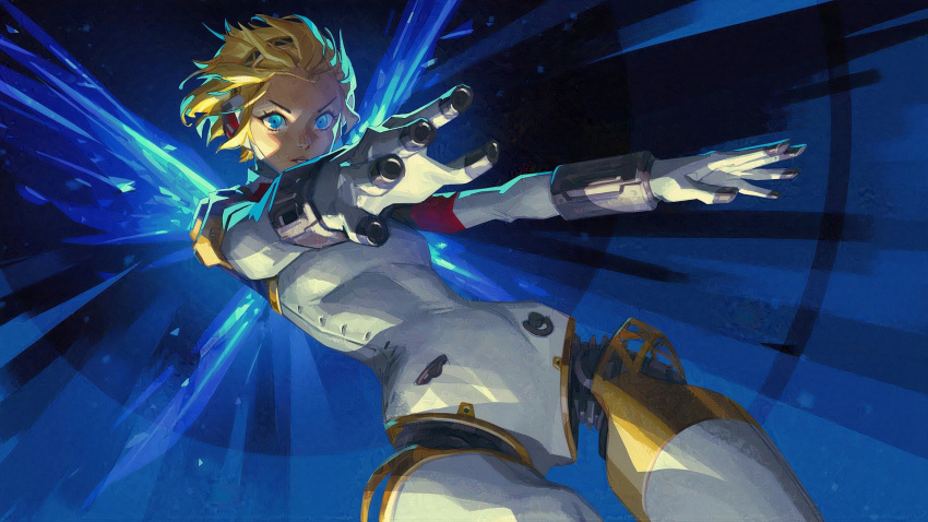 1girl, aegis_(persona), android, blonde_hair, blue_background, blue_eyes, breasts, check_copyright, copyright_request, cowboy_shot, crotch, dark_background, energy_wings, eyelashes, eyeliner, finger_cannon, floating_hair, flying, forehead, foreshortening, glaze_protected_image, glowing, headphones, highres, jeremy_anninos, joints, jpeg_artifacts, leaning_back, looking_at_viewer, makeup, mechanical_parts, open_hand, outstretched_arms, parted_lips, persona, persona_3, robot_joints, serious, short_hair, small_breasts, solo, teeth, v-shaped_eyebrows