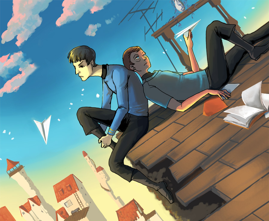 2boys, black_footwear, blue_eyes, blue_sky, book, boots, brown_hair, clouds