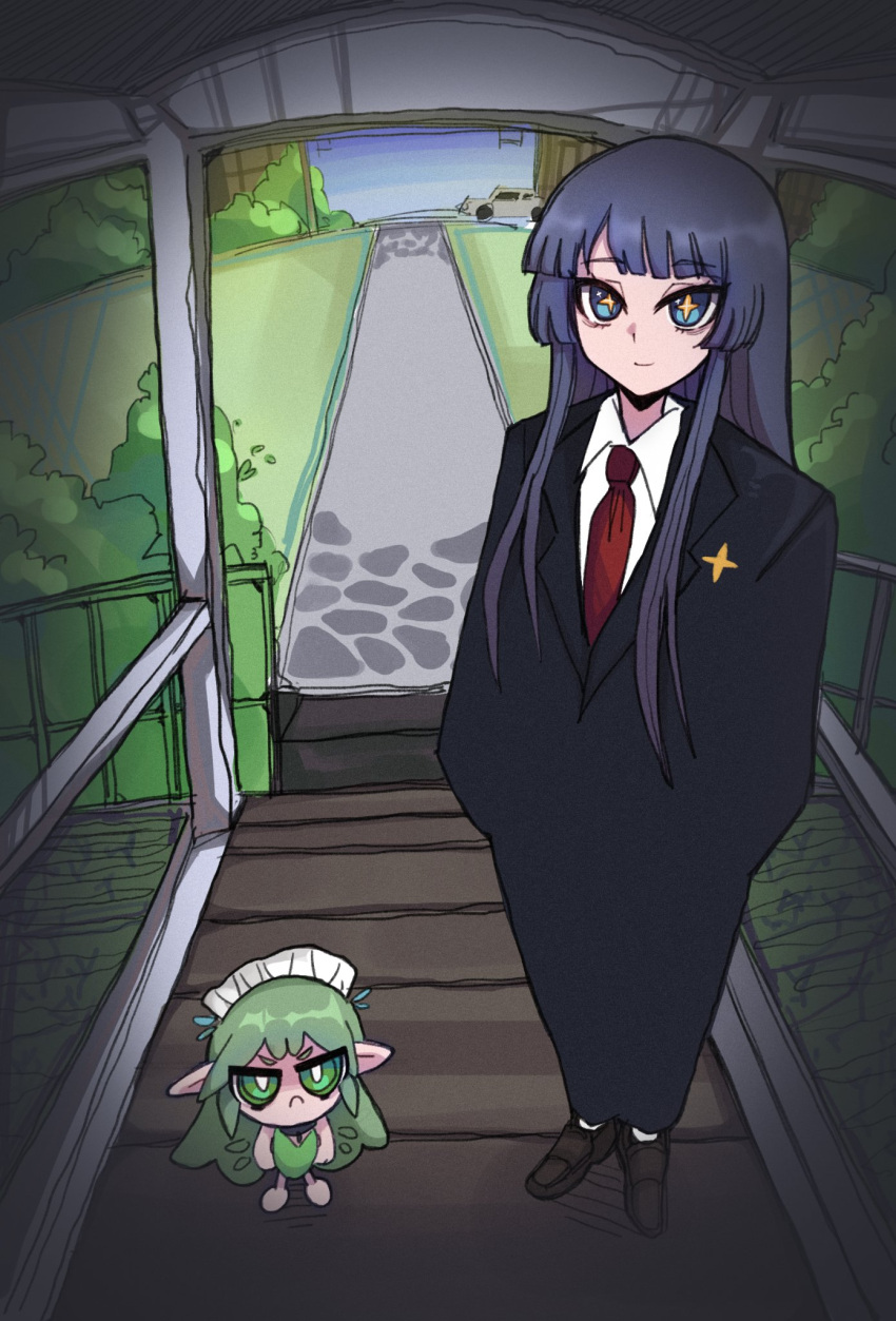 2girls, black_souls, blue_eyes, blue_hair, bright_pupils, brown_footwear, bush, business_suit