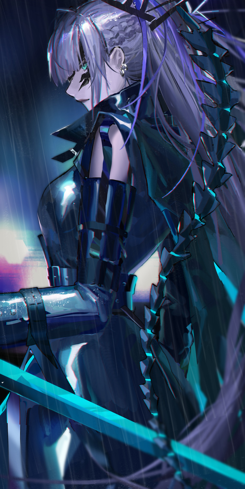 1girl, absurdres, baiyi_(path_to_nowhere), black_cape, black_coat, black_sleeves, blunt_bangs, blurry