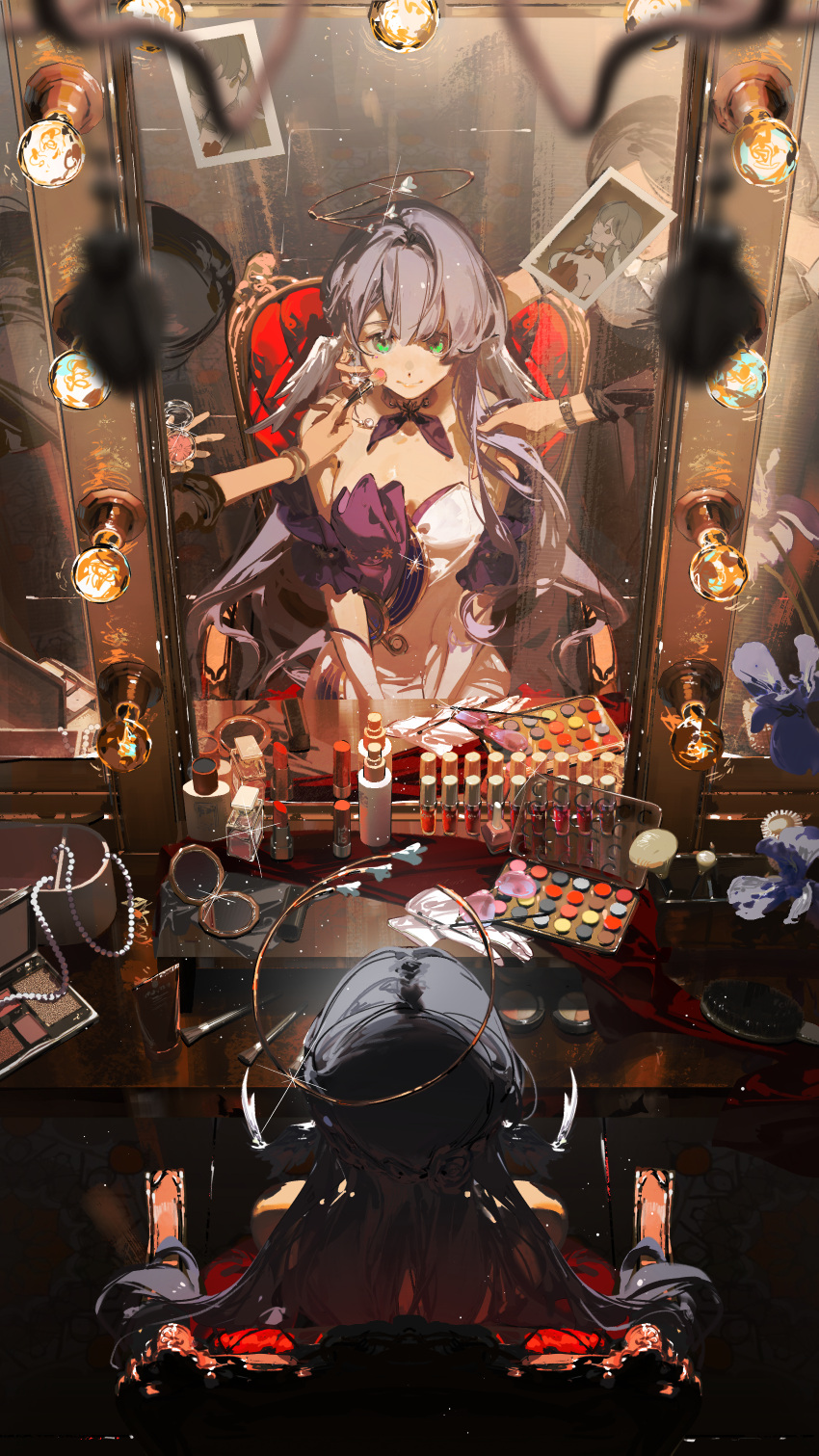 1girl, 2others, absurdres, applying_makeup, bracelet, chair, closed_mouth, commentary_request