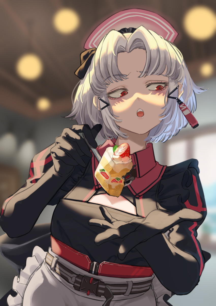 1girl, apron, black_gloves, breasts, cake, commentary, drake_(maid_for_villain)_(nikke), drake_(nikke), feeding, food, gloves, goddess_of_victory:_nikke, hair_ornament, hat, highres, looking_to_the_side, maid_apron, mamaroa, nurse_cap, open_mouth, puffy_sleeves, red_eyes, short_hair, solo, teeth, white_hair