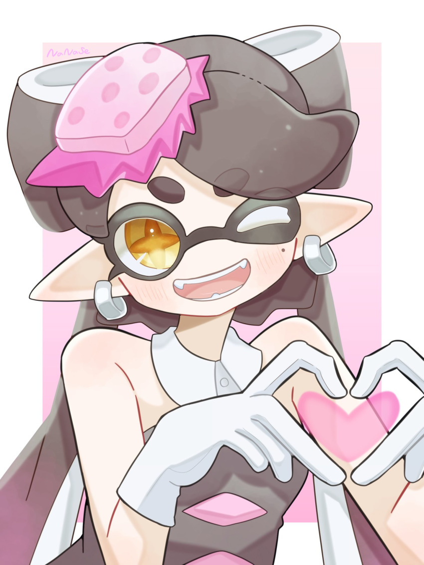 1girl, bare_shoulders, black_dress, black_hair, border, bow-shaped_hair, callie_(splatoon), callie_(squid_sisters_outfit)_(splatoon)