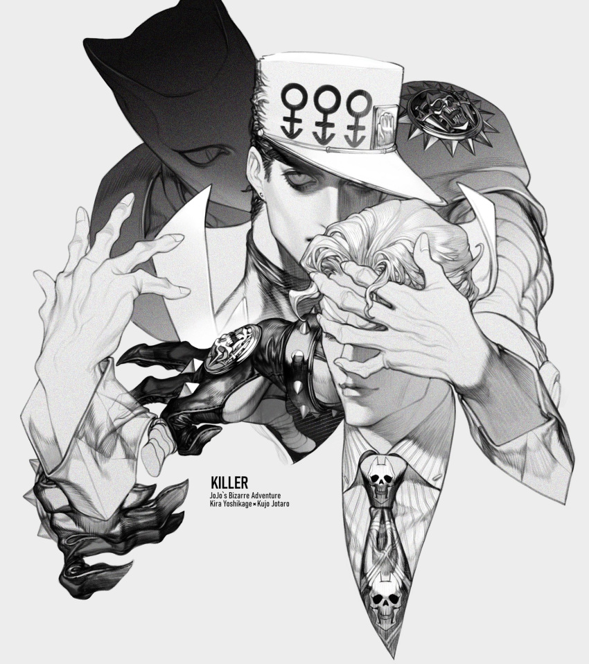 2boys, androgyne_symbol, character_name, collared_shirt, copyright_name, covering_another's_eyes, cropped_head, diamond_wa_kudakenai