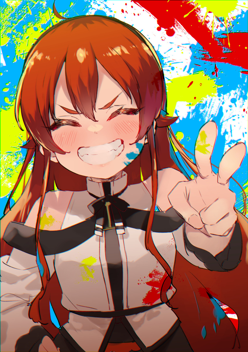 1girl, absurdres, ahoge, bare_shoulders, black_ribbon, blush, closed_eyes, double-parted_bangs