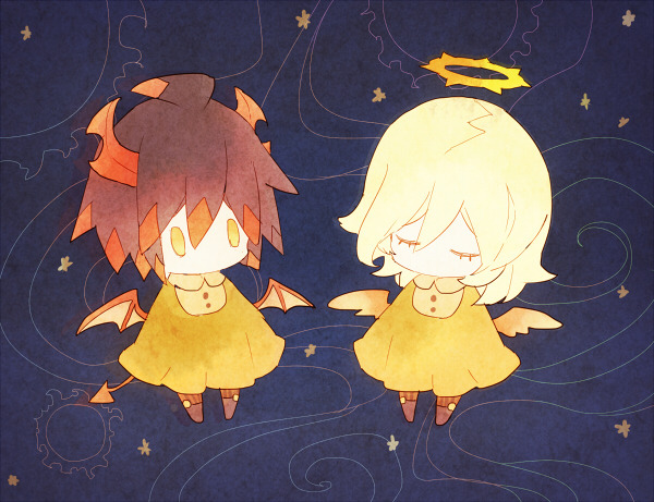 1boy, 1girl, angel, angel_wings, black_hair, blonde_hair, brother_and_sister, child