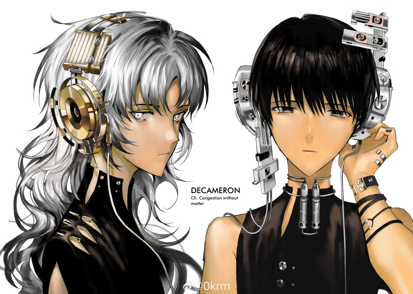 2girls, absurdres, bare_shoulders, black_eyes, black_hair, black_shirt, bracelet, cable