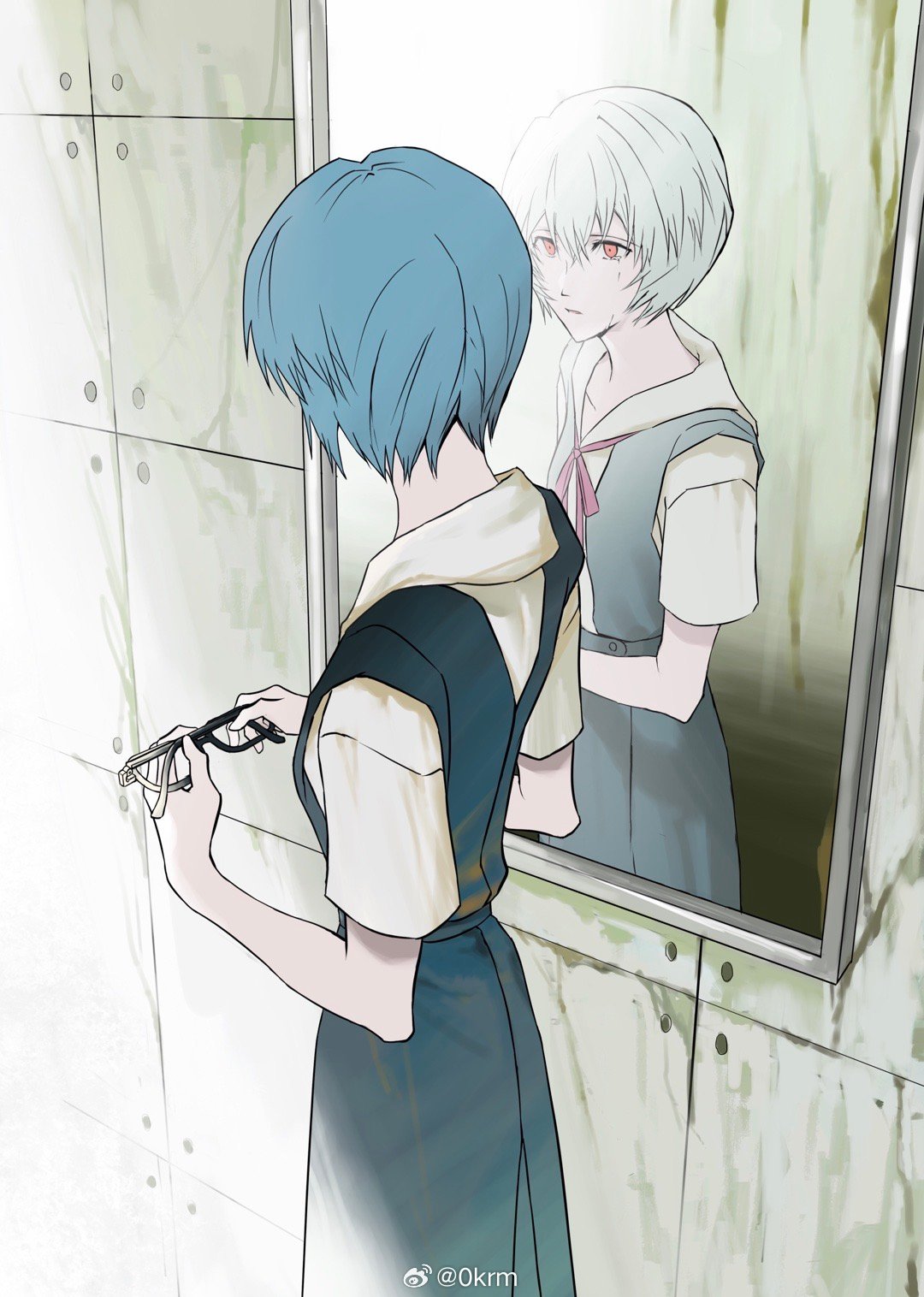 1girl, ayanami_rei, blue_dress, blue_hair, crying, crying_with_eyes_open, dress, facing_away, glasses, hair_between_eyes, highres, holding, holding_removed_eyewear, indoors, looking_at_mirror, mirror, neck_ribbon, neon_genesis_evangelion, orange_eyes, parted_lips, red_ribbon, ribbon, satoukrm, shirt, short_hair, short_sleeves, solo, standing, tears, tile_wall, tiles, unworn_eyewear, weibo_logo, weibo_username, white_shirt