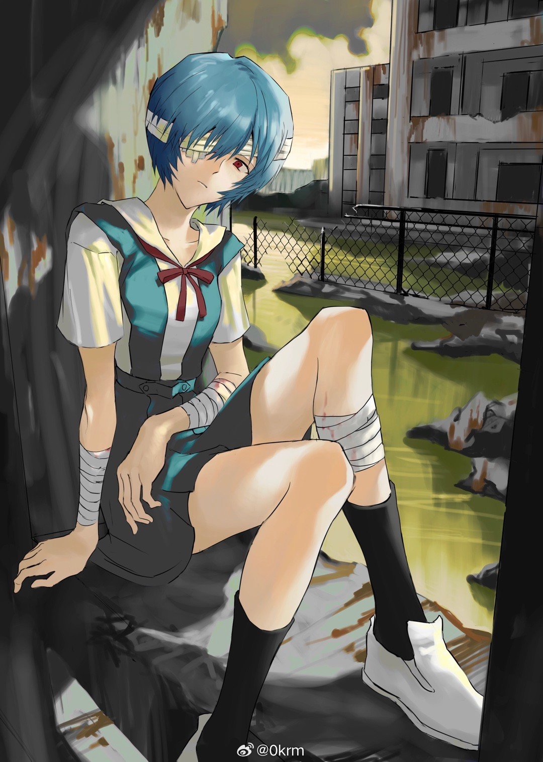 1girl, arm_support, ayanami_rei, bandaged_arm, bandaged_head, bandaged_leg, bandages, black_socks