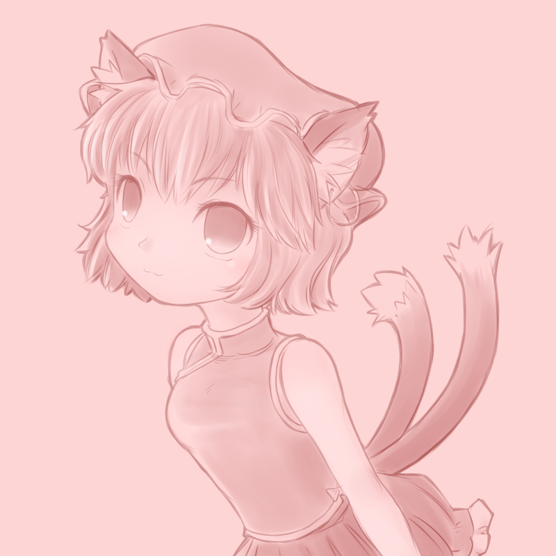 animal_ears, bad_id, cat_ears, chen, face, monochrome, rif, solo