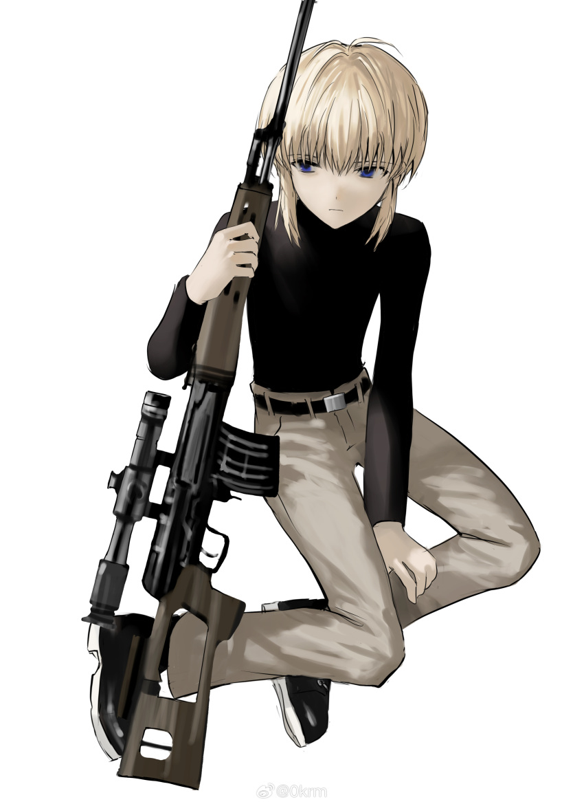 1girl, absurdres, belt, black_belt, black_footwear, black_shirt, blonde_hair, blue_eyes