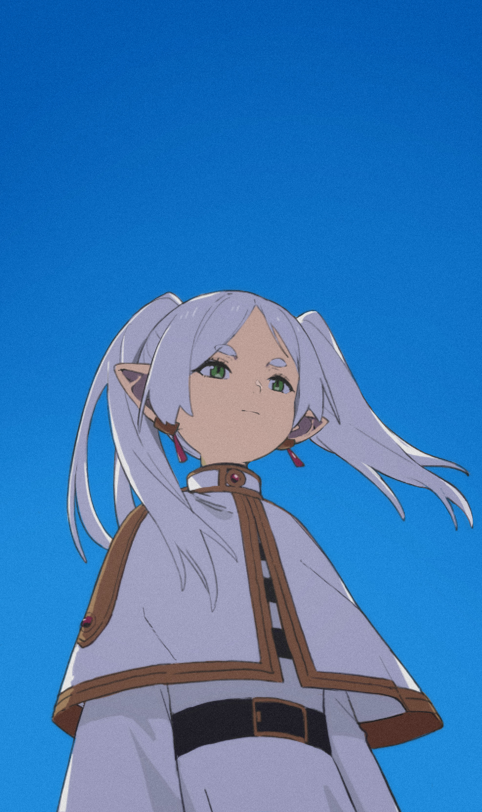 1girl, belt, blue_background, capelet, closed_mouth, earrings, frieren, green_eyes