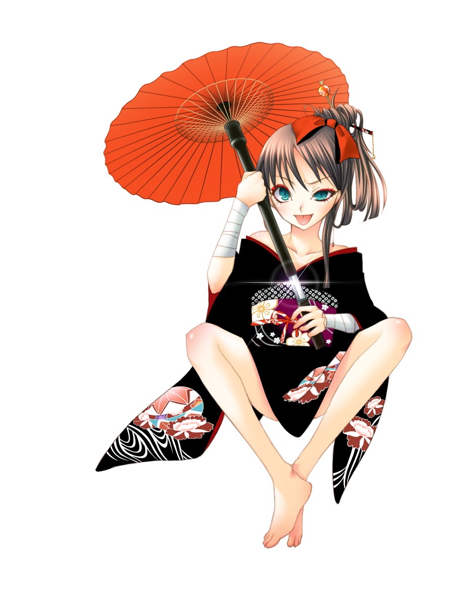 barefoot, concealed_sword, crossed_legs, earrings, feet, green_eyes, highres, japanese_clothes