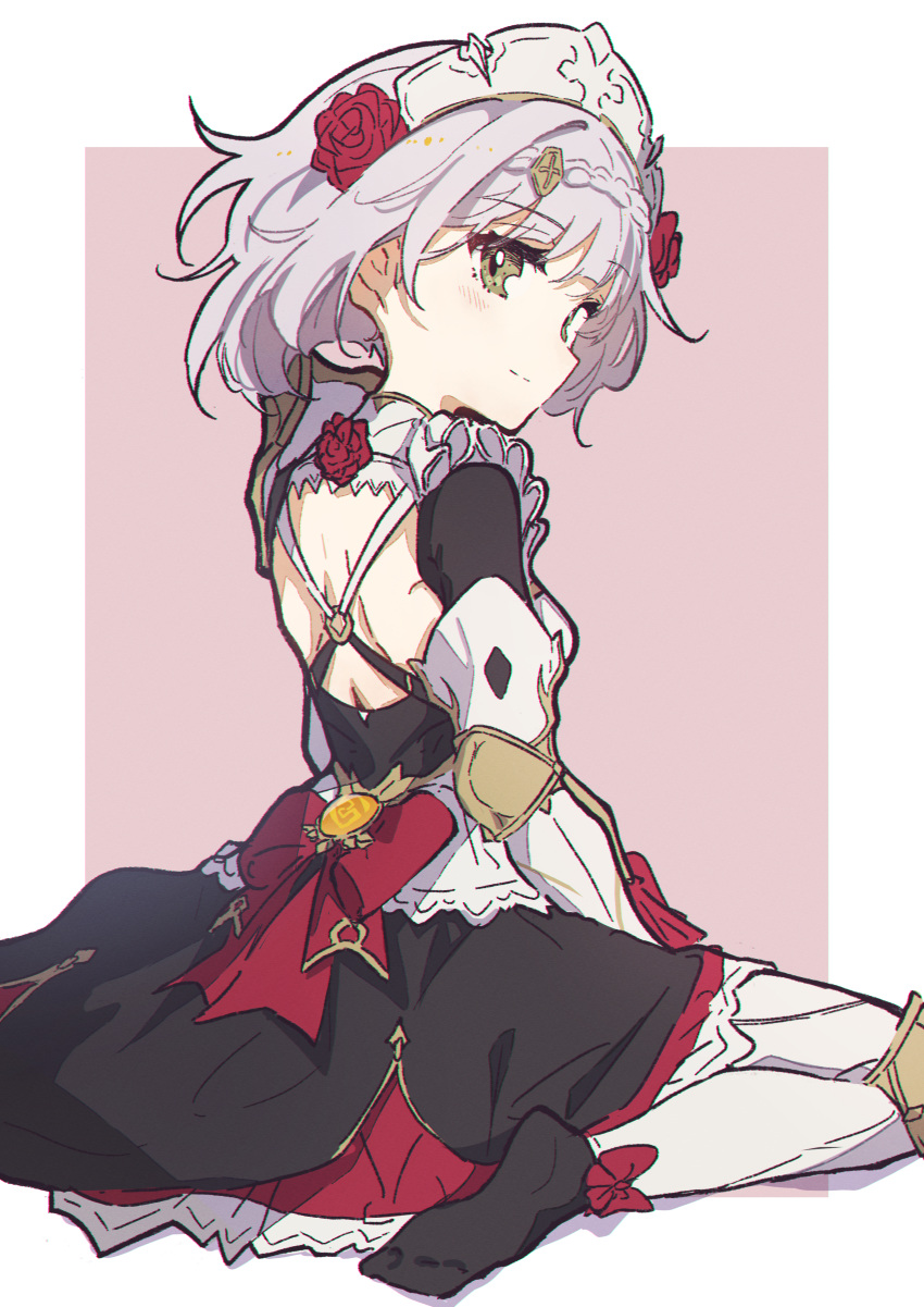 1girl, absurdres, aitekku, armor, armored_dress, back_cutout, braid, braided_bangs, breasts, closed_mouth, clothing_cutout, dress, flower, genshin_impact, green_eyes, grey_hair, hair_flower, hair_ornament, highres, looking_at_viewer, looking_back, maid, noelle_(genshin_impact), red_flower, red_rose, rose, short_hair, simple_background, sitting, solo, two-tone_background, vision_(genshin_impact)