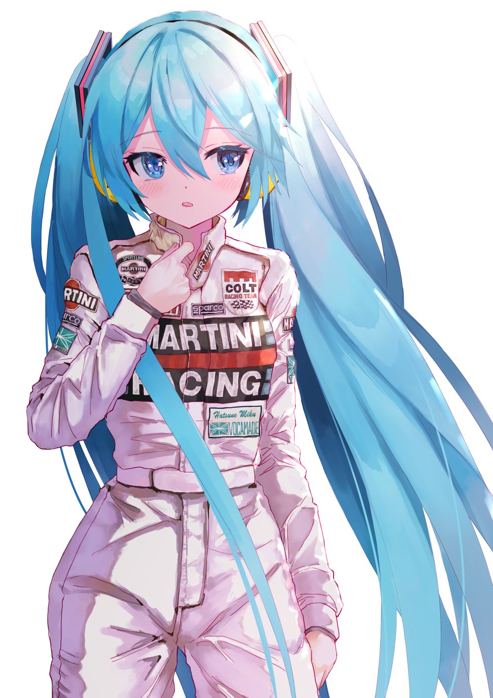 1girl, adjusting_collar, arm_at_side, blue_eyes, blue_hair, blush, collared_jacket, cowboy_shot