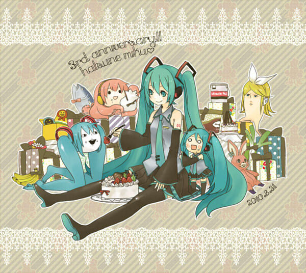 aqua_hair, bunny, cake, detached_sleeves, feeding, food, gift, hachune_miku