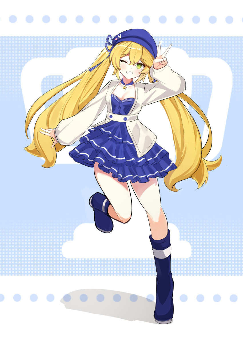 1girl, absurdres, belt, blonde_hair, blue_background, blue_choker, blue_dress, blue_headwear