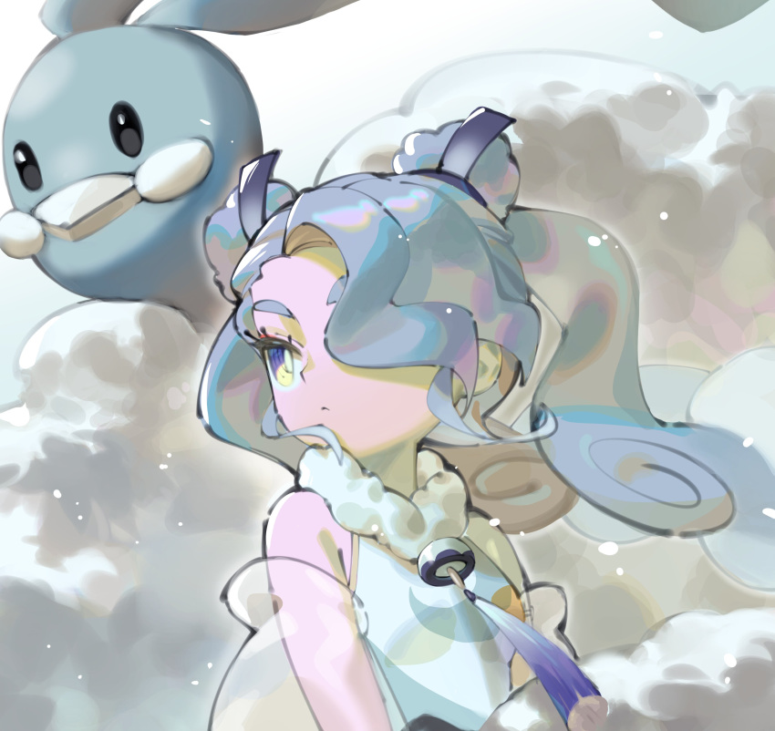 1girl, absurdres, altaria, barefoot, black_ribbon, blue_hair, breasts, closed_mouth