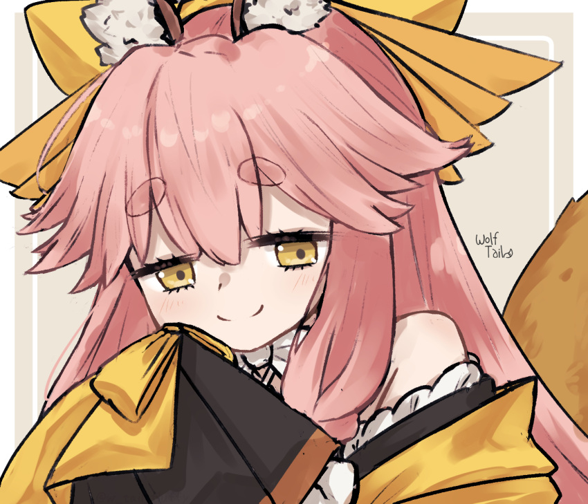 1girl, animal_ear_fluff, animal_ears, border, bow, bowtie, brown_background, closed_mouth