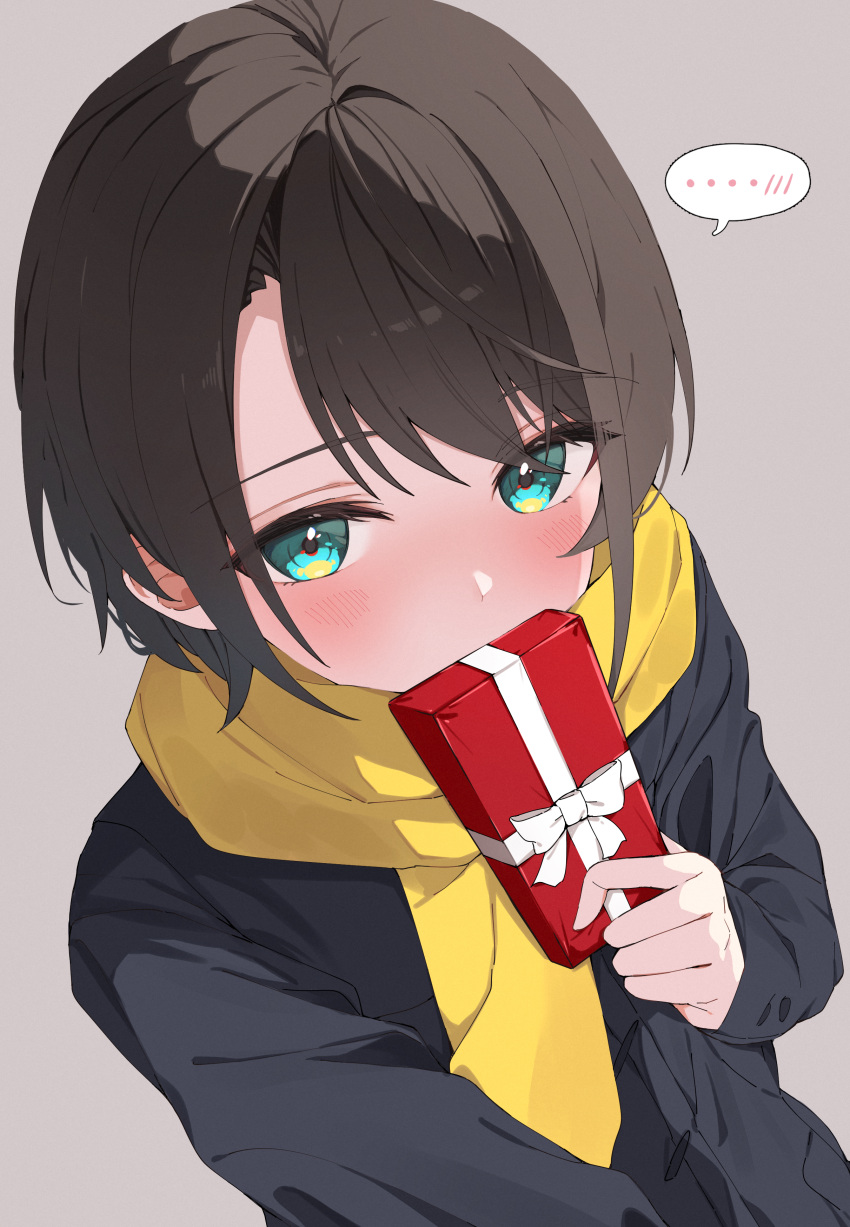 1girl, absurdres, alternate_costume, black_jacket, blue_eyes, blush, box, box_of_chocolates