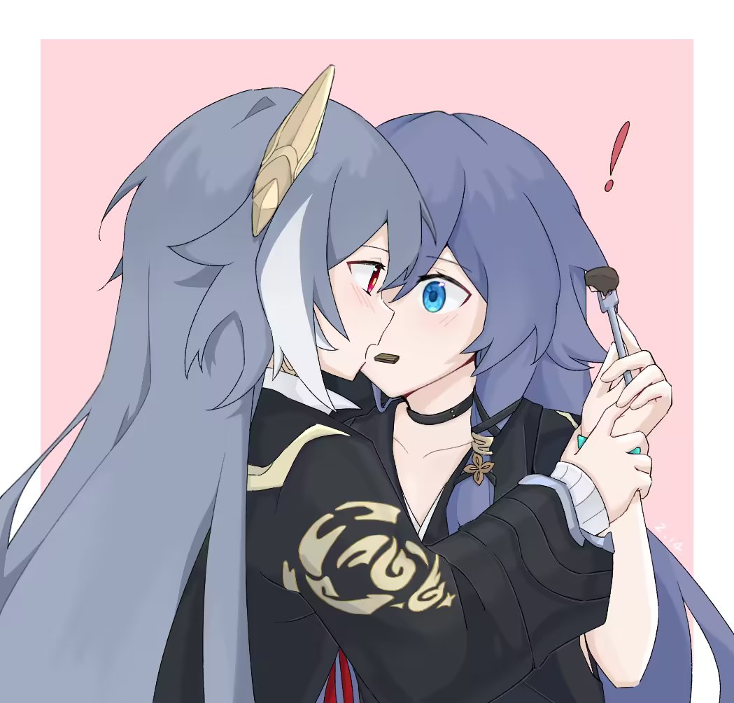 !, 2girls, alternate_costume, black_choker, black_shirt, black_sleeves, blue_eyes, blue_hair
